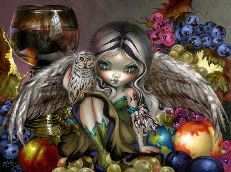 Silent Wisdom has a fairy with feathery wings holding a white owl while sitting amongst fruit and a glass of wine