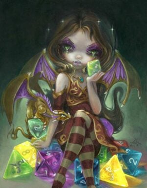 Dice Dragonling Princess has a big eyed fairy girl with purple feathery dragon wings matching a little golden dragon holding game dice