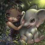 My elephant friend has a cute big eyed girl holding the trunk of an adorable baby elephant in green bushes