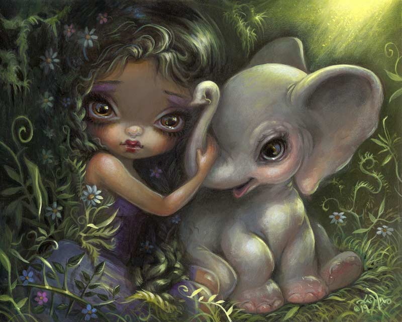 My elephant friend has a cute big eyed girl holding the trunk of an adorable baby elephant in green bushes