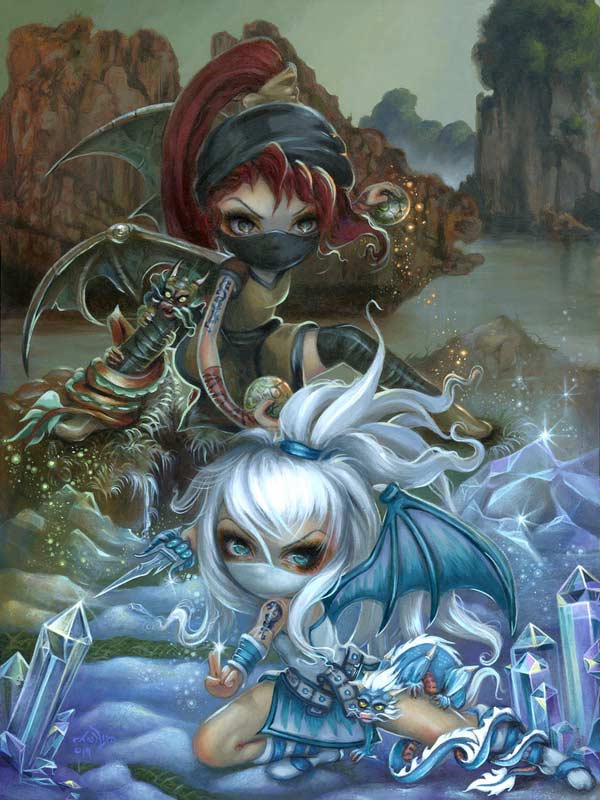 Ninja Dragonlings II has 2 ninja fairies, one with white hair the other with red hair with dragon wings and little baby dragons