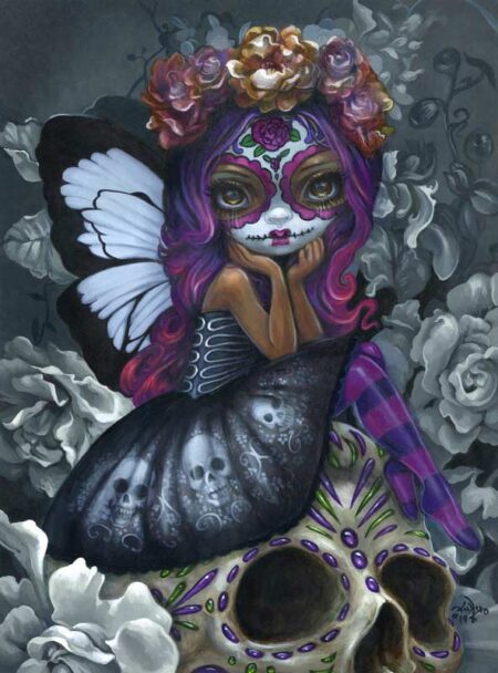 Soulful Spirits has a fairy with day of the dead face paint on and skulls in her black dress sitting on a sugar skull