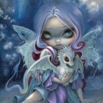 Wintry Dragonling has a fairy with white shimmering wings and peppermint colored hair holding a baby white dragon sitting in a snowy landscape