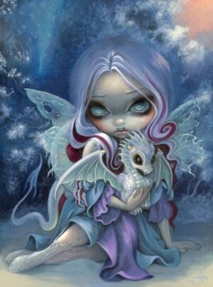 Wintry Dragonling has a fairy with white shimmering wings and peppermint colored hair holding a baby white dragon sitting in a snowy landscape