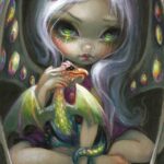 Fire Opal has a fairy with dragon wings that have shiny opal stones in them holding a baby dragon