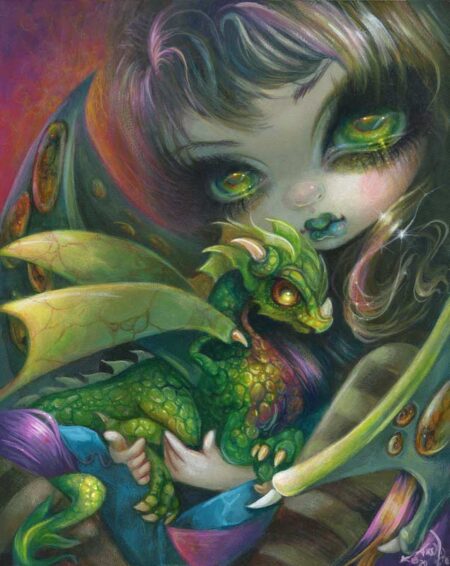 Darling Dragonling Six has a big eyed fairy with dragon wings holding a little green dragon baby