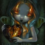 Gothic fairy holding a fiery flaming heart, fire dancing in her eyes, contrasted against a cool hued palette background