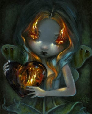Gothic fairy holding a fiery flaming heart, fire dancing in her eyes, contrasted against a cool hued palette background
