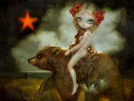 California Godiva painting of woman with poppies in hair riding on a bear through a field with a red star shining in the sky