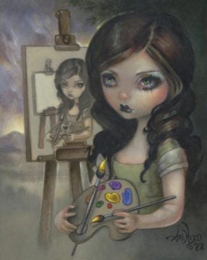 Big-eyed girl at easel painting self portrait - artist Jasmine Becket-Griffith