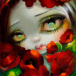 Shakespeare's Garden 1: Poppies is a portrait of a big-eyed girl surrounded by bright red poppies