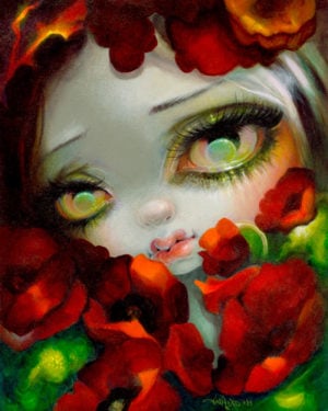 Shakespeare's Garden 1: Poppies is a portrait of a big-eyed girl surrounded by bright red poppies