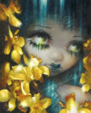 Shakespeare's Garden 3: Daffodils is a portrait of a big-eyed girl with sparkling blue hair surrounded by yellow daffodils