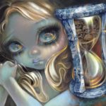 Death & The Maiden: Shifting Sands:A big-eyed girl with blond flowing hair, clasping hands next to an hourglass made of Blue Willow china, filled with tiny skulls and sand.