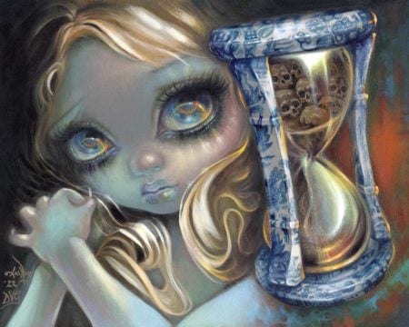 A big-eyed girl with blond flowing hair, clasping hands next to an hourglass made of Blue Willow china, filled with tiny skulls and sand.