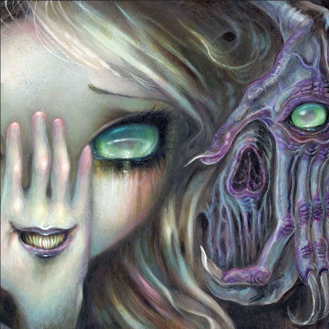 Square cropped painting of blonde woman with hand covering mouth and mouth inset into hand next to a corpse-like figure whose hand covers their eye with an eye inset into the hand