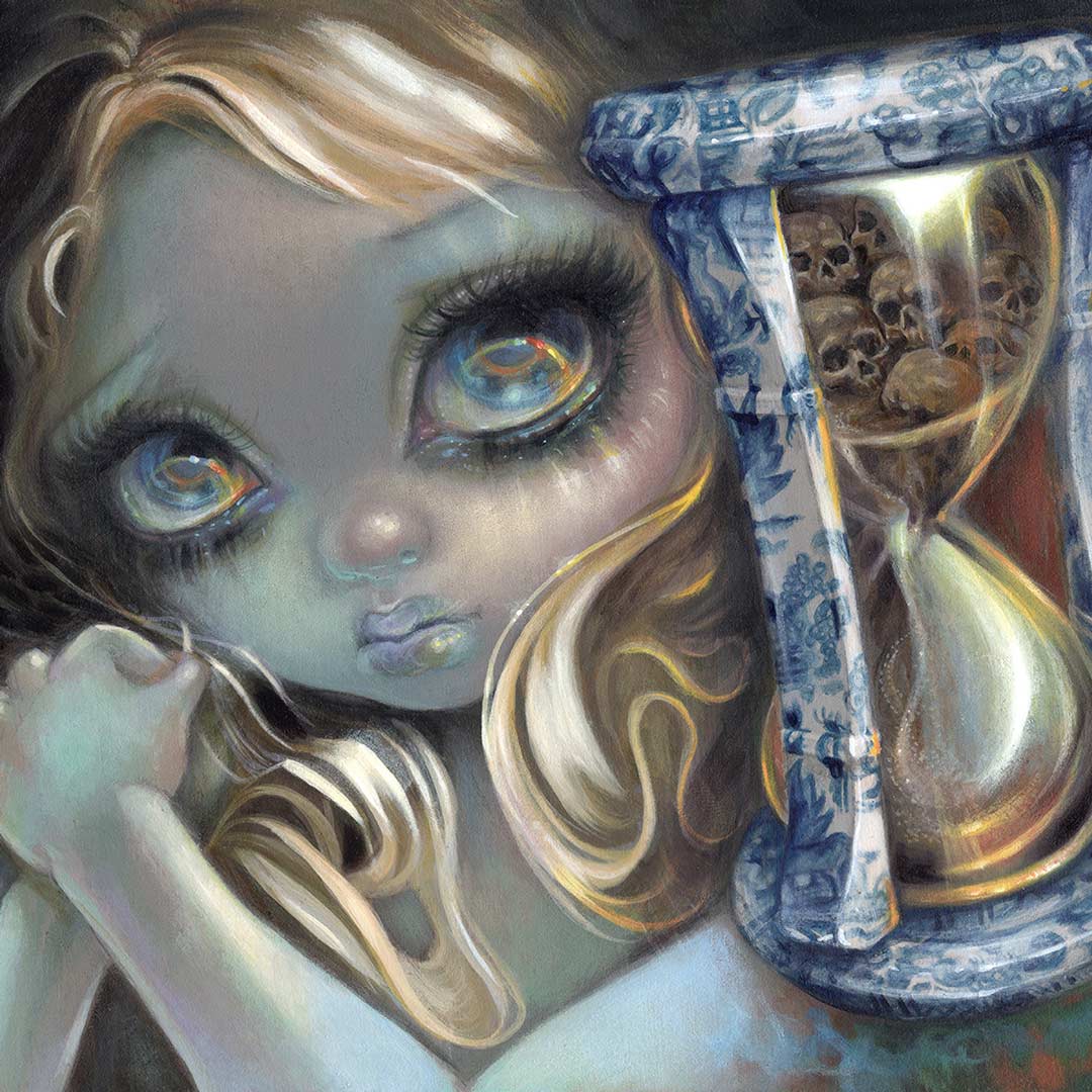 Square-cropped painting of a big-eyed girl with blond flowing hair, clasping hands next to an hourglass made of Blue Willow china, filled with tiny skulls and sand.