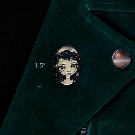 Patchwork Zombie Doll Collectible Enamel Pin on jacket showing size of 1.5"