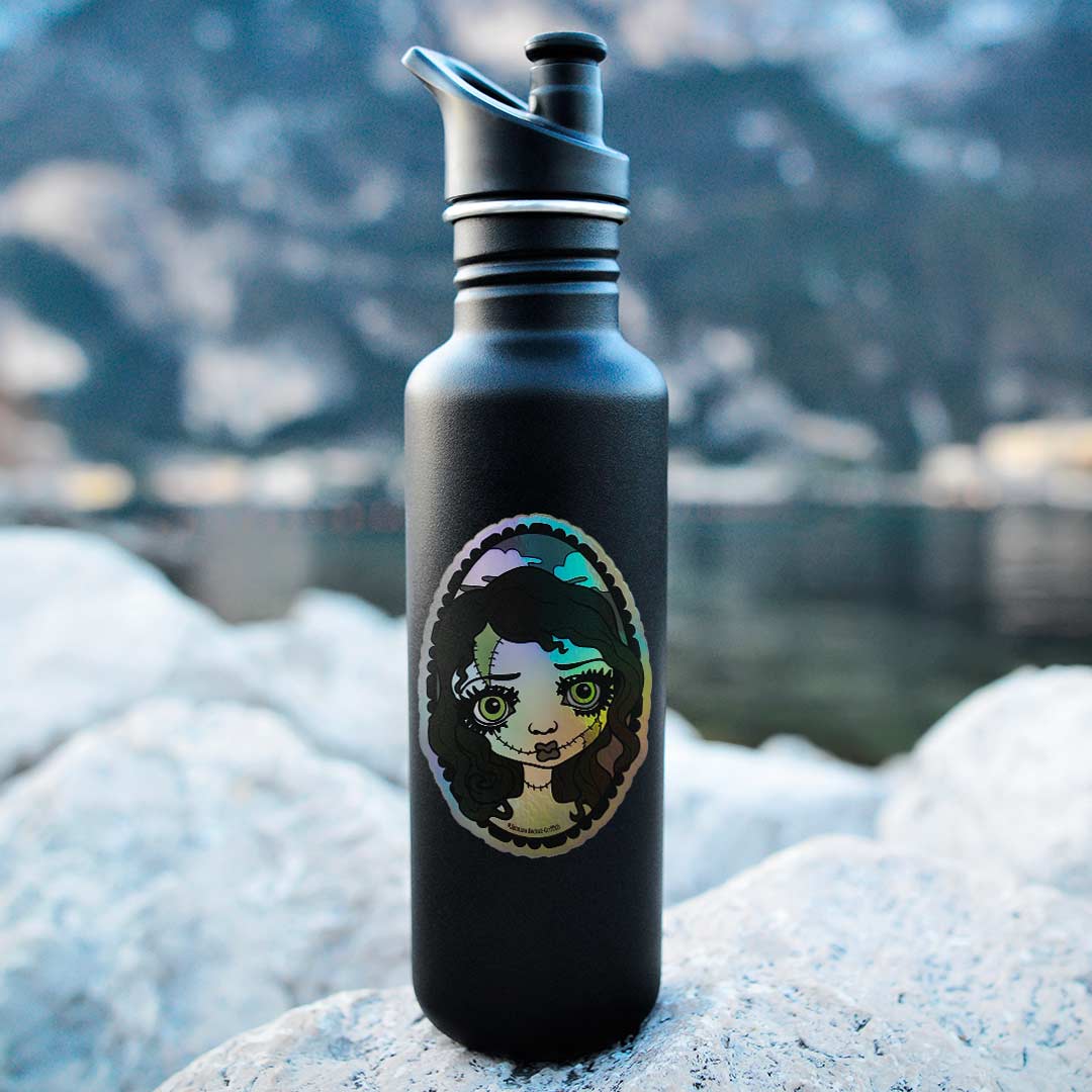 Patchwork Zombie Doll Vinyl Sticker Holographic on Water Bottle