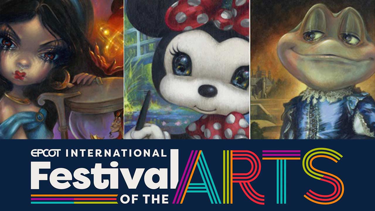 2023 Epcot Festival of the Arts Preview Image with details of Minnie Artist, Princess Jasmine, and Toad from Wind in the Willows