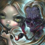 Flaxen-haired maiden with big eyes and the face of a Scorpion ghoul creature.