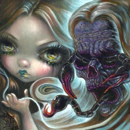 Flaxen-haired maiden with big eyes and the face of a Scorpion ghoul creature.