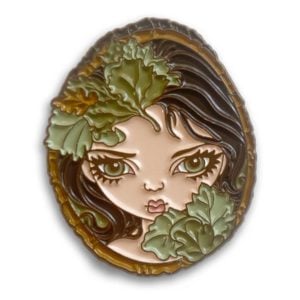 Woodsprite portrait with brown hair and leaves enamel pin 1.5"