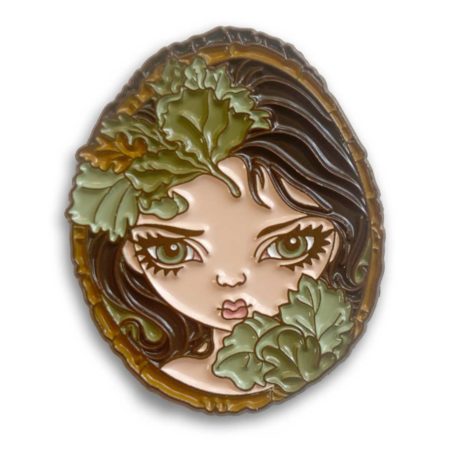 Woodsprite portrait with brown hair and leaves enamel pin 1.5"