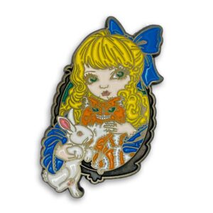 Alice Enchanted enamel pin has Alice in Wonderland holding a white bunny and cheshire cat with big blue bow in her hair