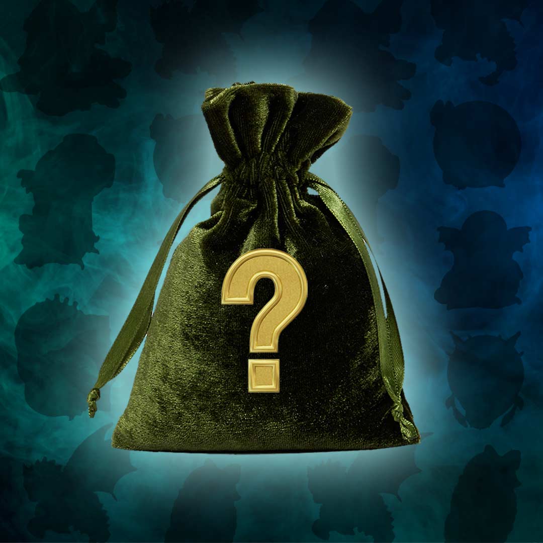 a green velvet bag with a golden question mark on it