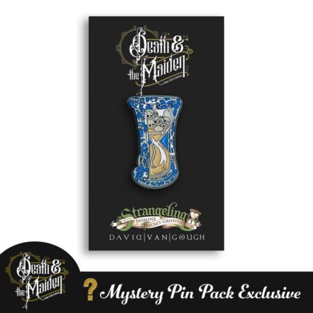 eath and the Maiden Hourglass enamel pin is an hourglass with a blue willow pattern and skulls in the sand inside on black logo card