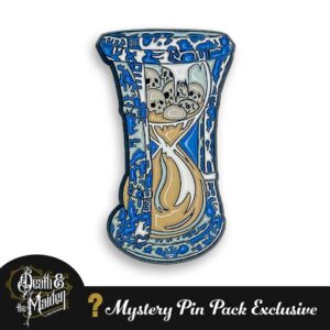 eath and the Maiden Hourglass enamel pin is an hourglass with a blue willow pattern and skulls in the sand inside