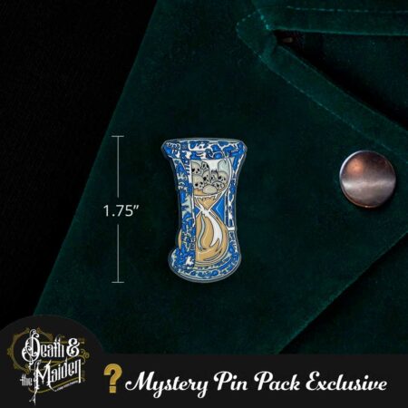 Death and the Maiden Hourglass enamel pin is an hourglass with a blue willow pattern and skulls in the sand inside