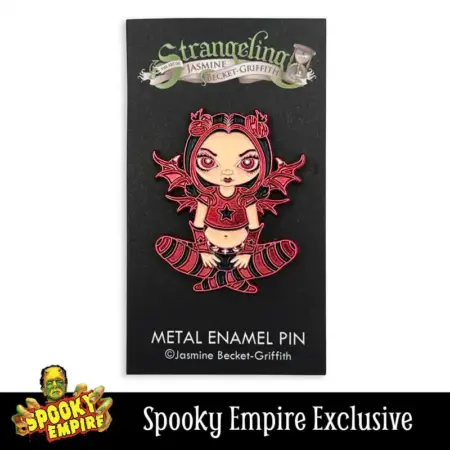 Red Gothling Spooky Empire exclusive pin of a gothic fairy wearing all red with red highlights in her hair on black logo card