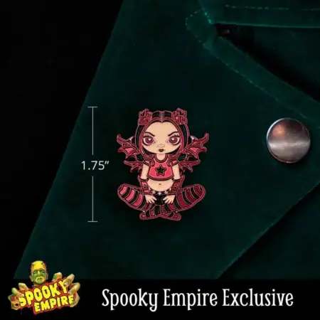 Red Gothling Spooky Empire exclusive pin of a gothic fairy wearing all red with red highlights in her hair