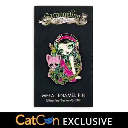 Sweet Dreamers iridescent pin of a girl with a big eyed pink cat for catCon on black logo card