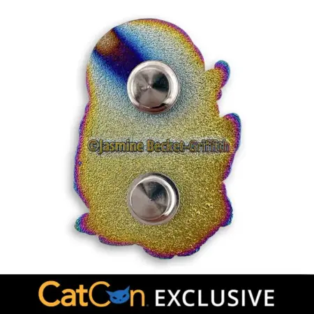 Sweet Dreamers iridescent pin of a girl with a big eyed pink cat backside for catCon
