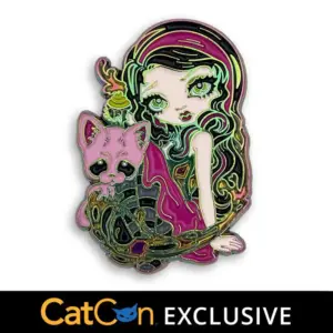Sweet Dreamers iridescent pin of a girl with a big eyed pink cat for catCon