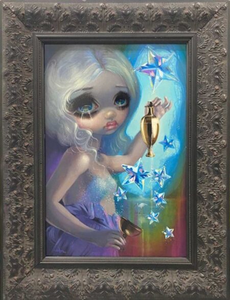 The Star original painting of a white haired maiden holding a golden vial with stars sparkling down from the sky