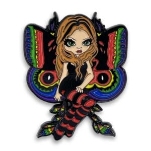 Fairy with rainbow wings and red and black striped tights pin