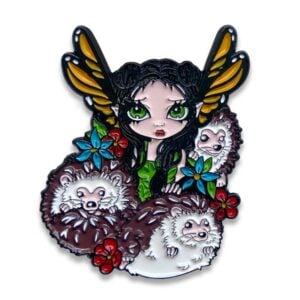 A prickly situation is an enamel pin of a fairy with butterfly wings holding three hedgehogs