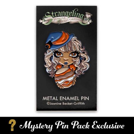 Planetary witch Jupiter is an enamel pin of a big-eyed girl wearing a blue witch hat holding an orb with stars on logo backing card
