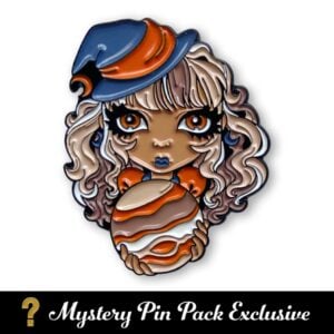 Planetary witch Jupiter is an enamel pin of a big-eyed girl wearing a blue witch hat holding an orb with stars