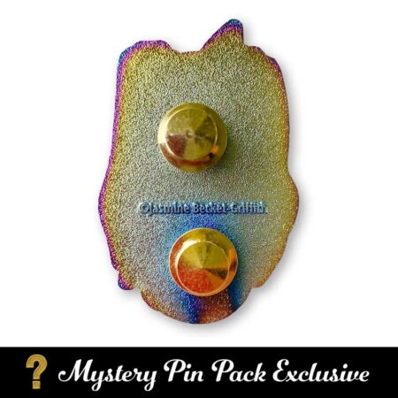 Planetary witch mercury is an enamel pin of a big-eyed girl wearing a blue witch hat holding an orb with stars back side