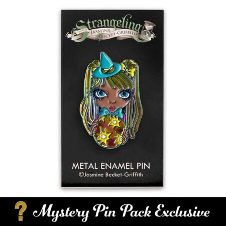 Planetary witch mercury is an enamel pin of a big-eyed girl wearing a blue witch hat holding an orb with stars on logo backing card