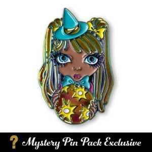 Planetary witch Mercury is an enamel pin of a big-eyed girl wearing a blue witch hat holding an orb with stars