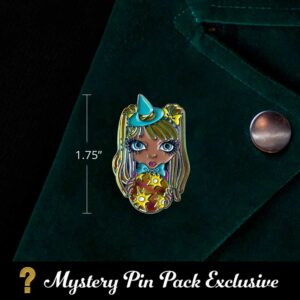 Planetary witch mercury is an enamel pin of a big-eyed girl wearing a blue witch hat holding an orb with stars