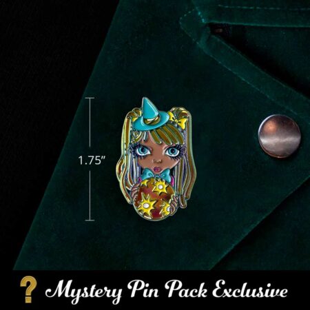Planetary witch mercury is an enamel pin of a big-eyed girl wearing a blue witch hat holding an orb with stars