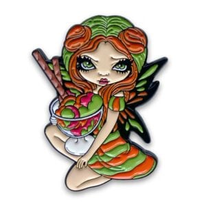 Rainbow Sherbet Fairy is an enamel pin on a fairy in green and orange striped dress holding a bowl of green, pink and orange sherbet ice cream