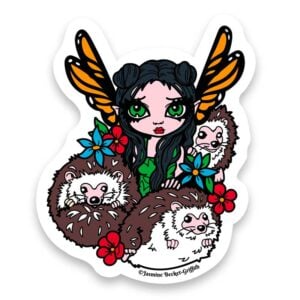 Fairy with orange and black wings and dark hair surrounded by three hedgehogs and blue and red flowers.